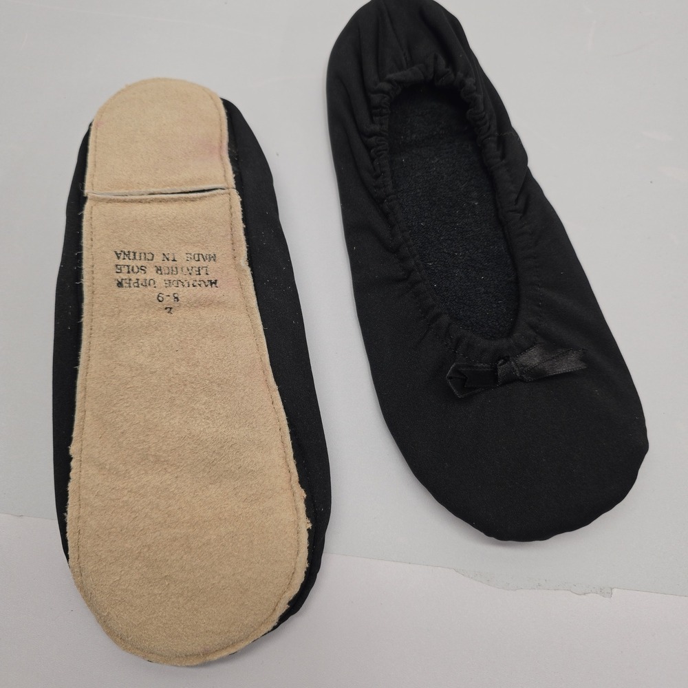 Vintage Black Ballet Slippers Leather Sole Bow Detail Size L 8-9